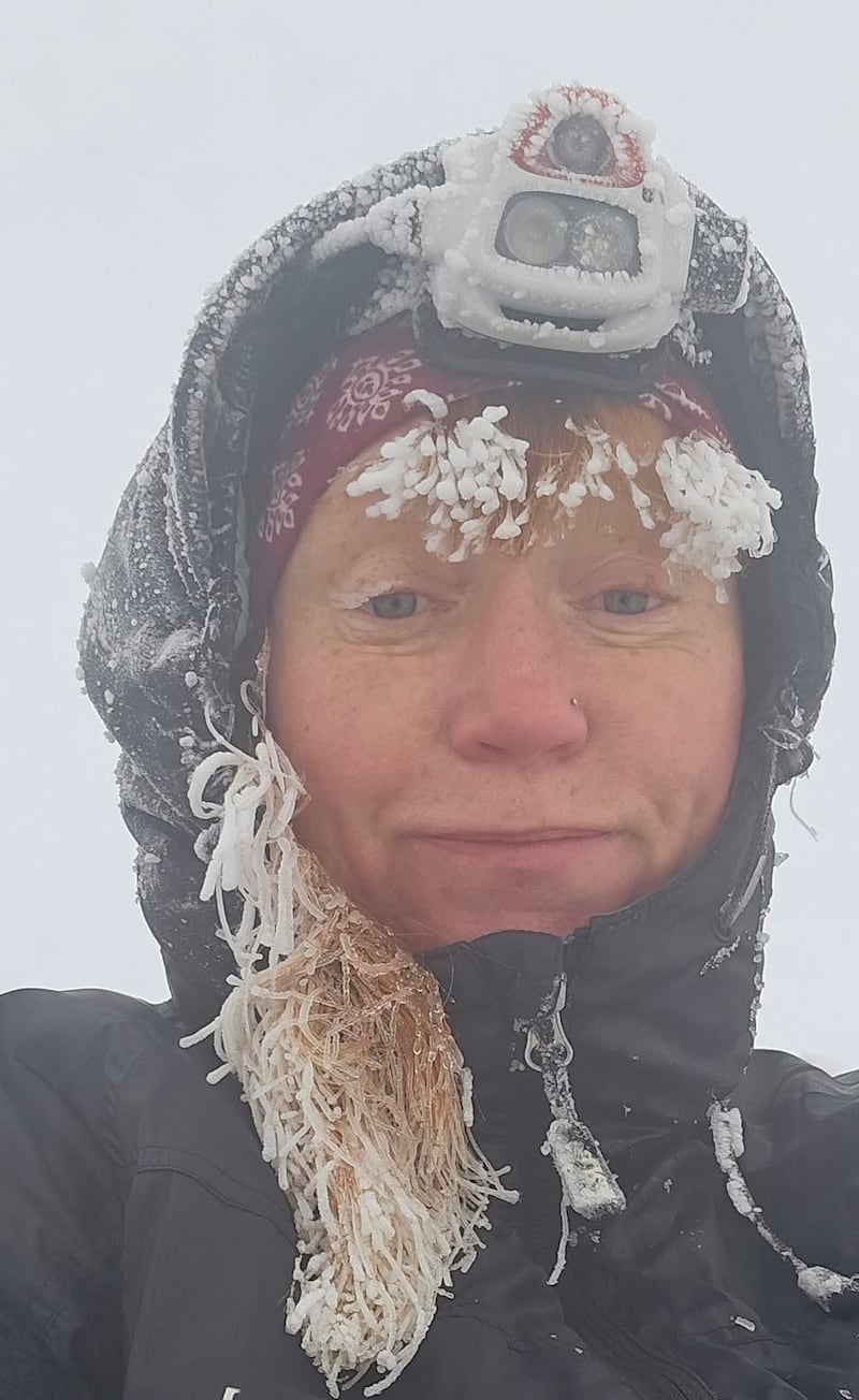 Carolyn during her 'Mourne 500' hike, where temperatures dropped to -7 degrees Celsius and a wind chill of -12 (Carolyn McKinney)