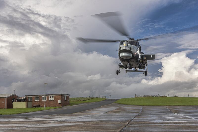 The Wildcat helicopter taking off at RAF Manorbier during the air-to-air trial. (The Royal Navy/Thales UK)