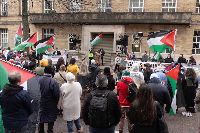 Hundreds of Pro-Palestine supporters take part in a ' March Against BBC Silence' highlighting the large number of Journalists and medical staff murdered in Palestine. PICTURE: MAL MCCANN