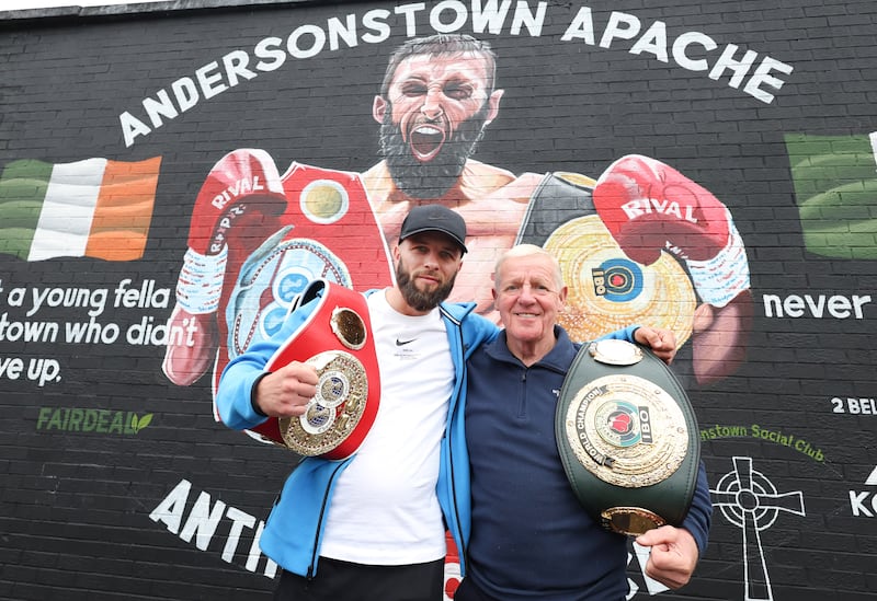 IBF champion Anthony 'The Andytown Apache’ Cacace with Mickey Hawkins   at The official unveiling of the mural paying tribute to IBF super-featherweight champion on South Link, Andersonstown in West Belfast.
PICTURE COLM LENAGHAN