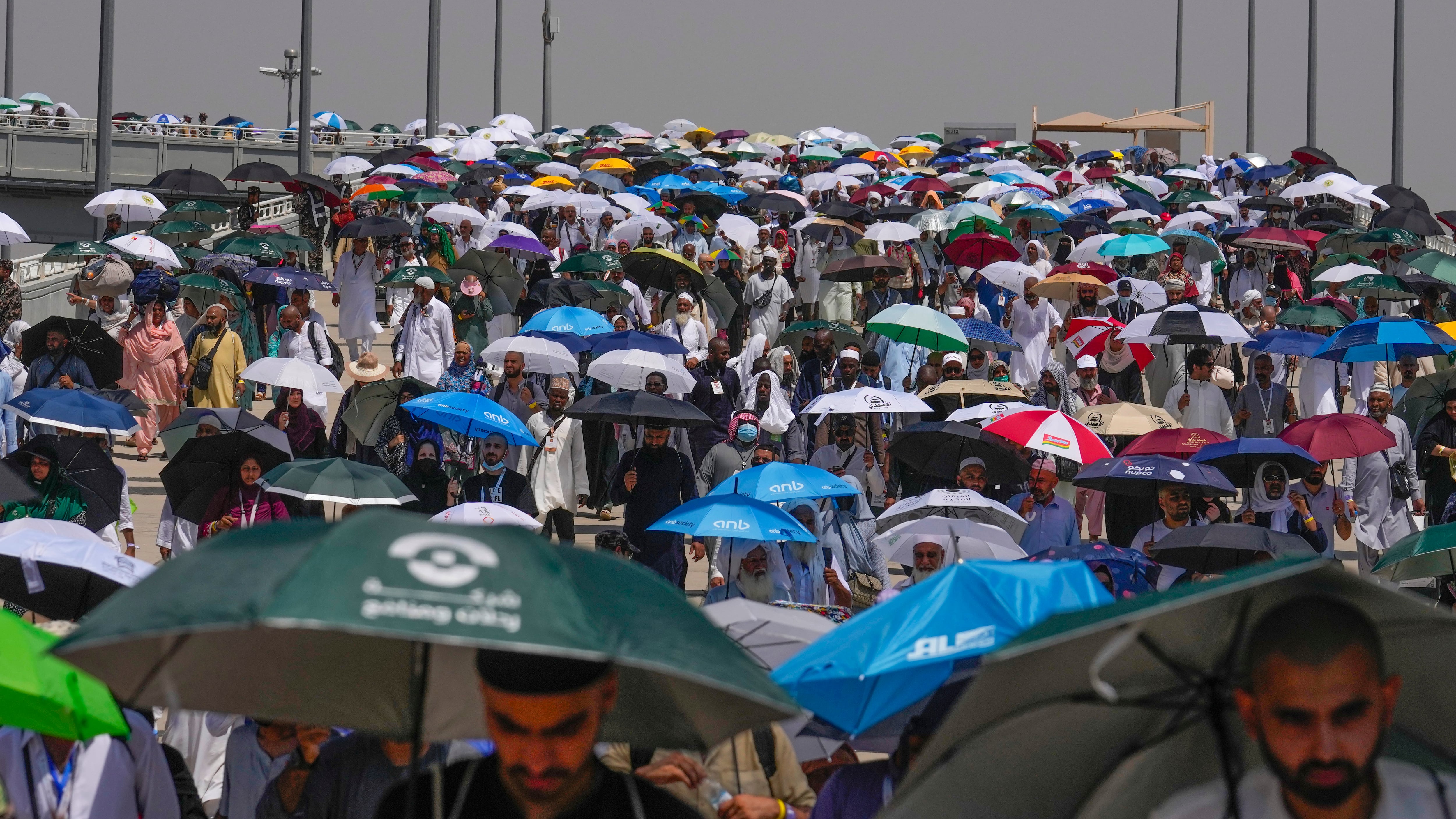 This year’s Hajj pilgrimage in Saudi Arabia saw temperatures consistently top 40C (Rafiq Maqbool/AP)