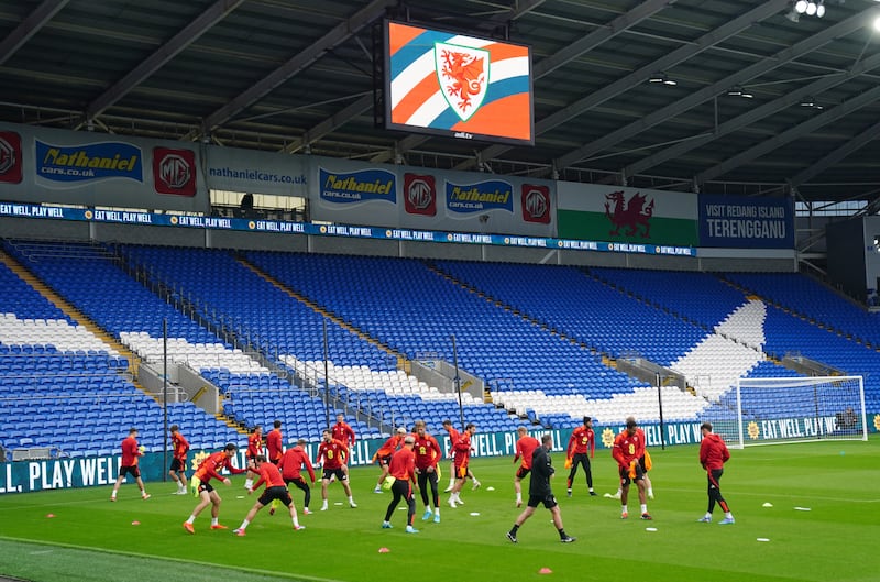 Wales players training at the Cardiff City Stadium ahead of their Nations League opener against Turkey on Friday