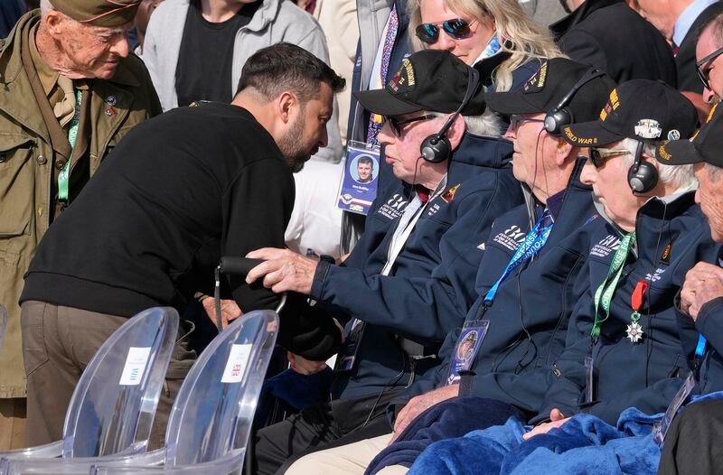 Mr Zelensky met Second World War veterans at the international ceremony at Omaha Beach (AP)