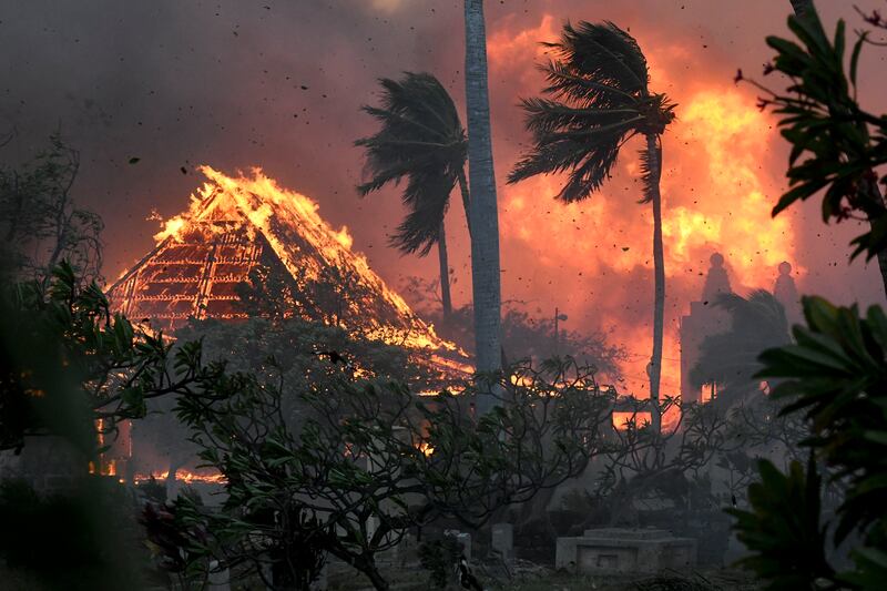 Waiola Church and nearby Lahaina Hongwanji Mission are engulfed in flames. (Matthew Thayer/AP)