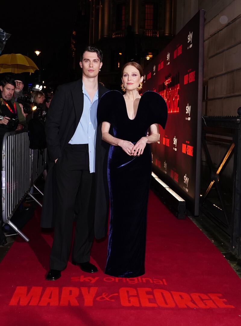 Nicholas Galitzine and Julianne Moore arrive for the UK premiere of Sky Original’s Mary and George at Banqueting House