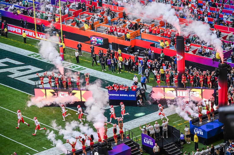 Kansas City Chiefs players take to the field ahead of Super Bowl LVII between the Kansas City Chiefs and the Philadelphia Eagles in 2023