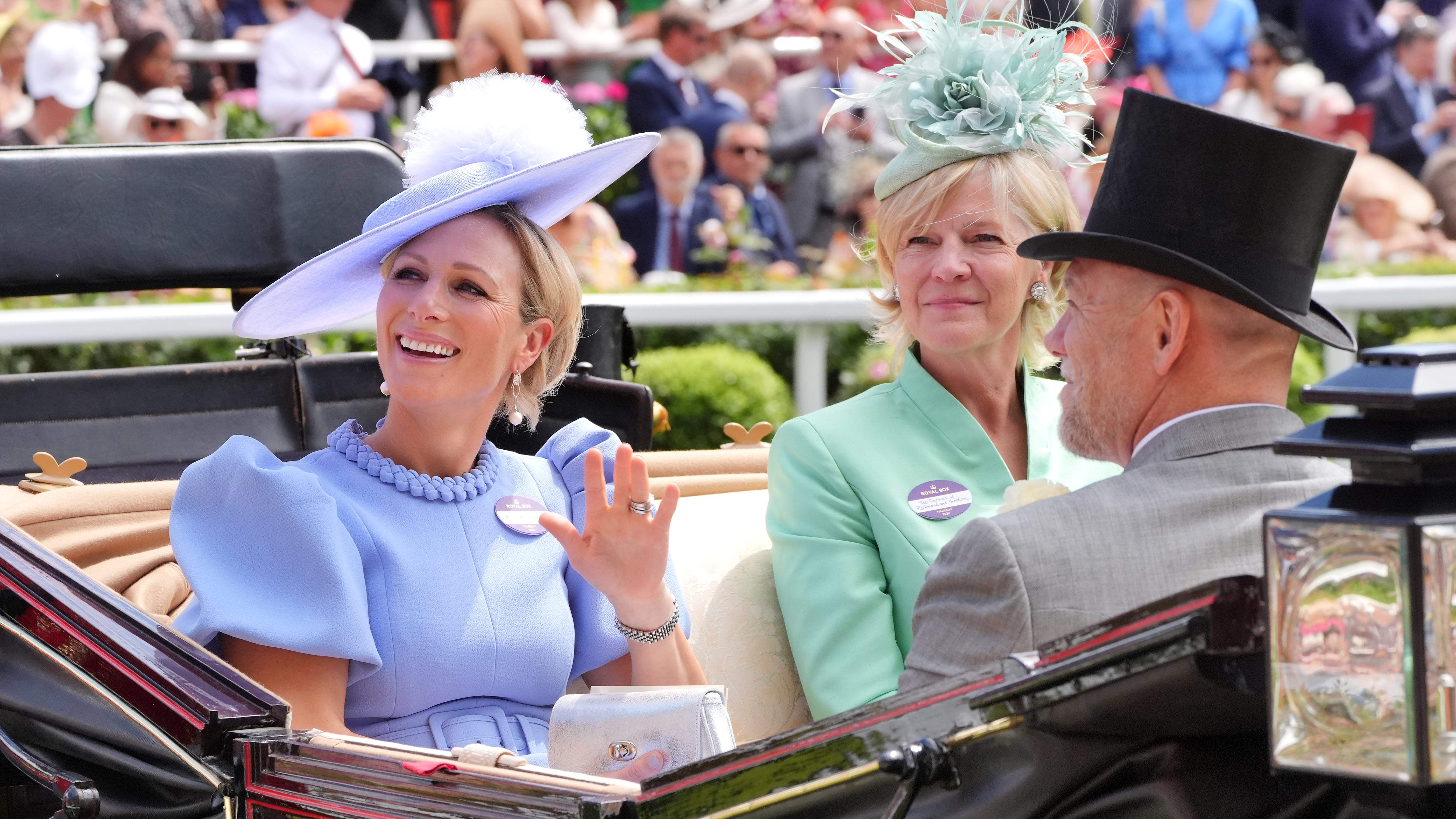 Zara Tindall (left). The Duchess of Richmond and Gordon centre) and Mike Tindall arrive by carriage during day three of Royal Ascot at Ascot Racecourse, Berkshire. Picture date: Thursday June 20, 2024.