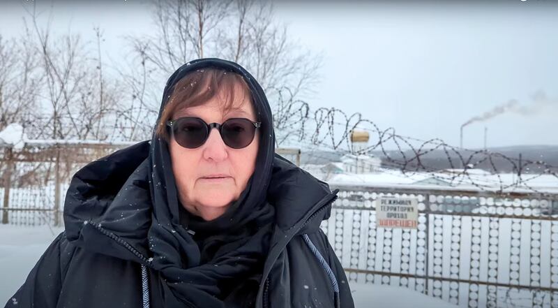 Alexei Navalny’s mother Lyudmila Navalnaya speaks near the prison colony in the town of Kharp, Russia (Navalny Team/AP)