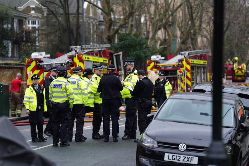 Fire engines and police officers on Seagrave Road