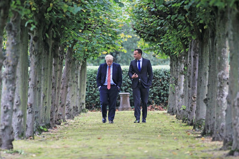 Leo Varadkar with former prime minister Boris Johnson at Thornton Manor Hotel, on the Wirral, Cheshire