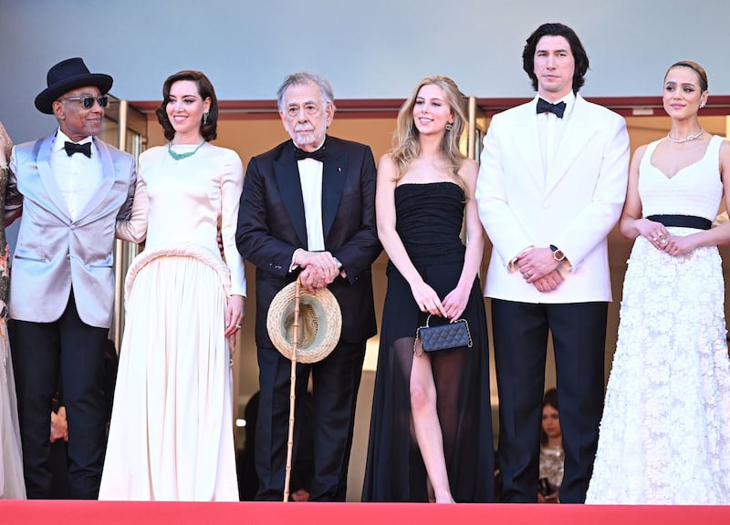 Francis Ford Coppola with Giancarlo Esposito, Aubrey Plaza, Romy Croquet Mars, Adam Driver and Nathalie Emmanuel at the Megalopolis premiere in Cannes