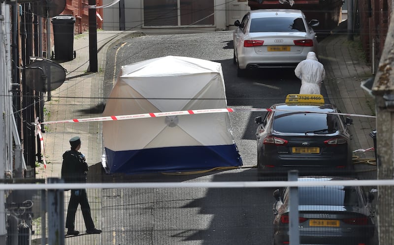 the scene of a murder in the Harvey Street area of Derry city on Saturday. A womans body was discovered in a house after a fire in the building. Picture Margaret McLaughlin  24-8-2024