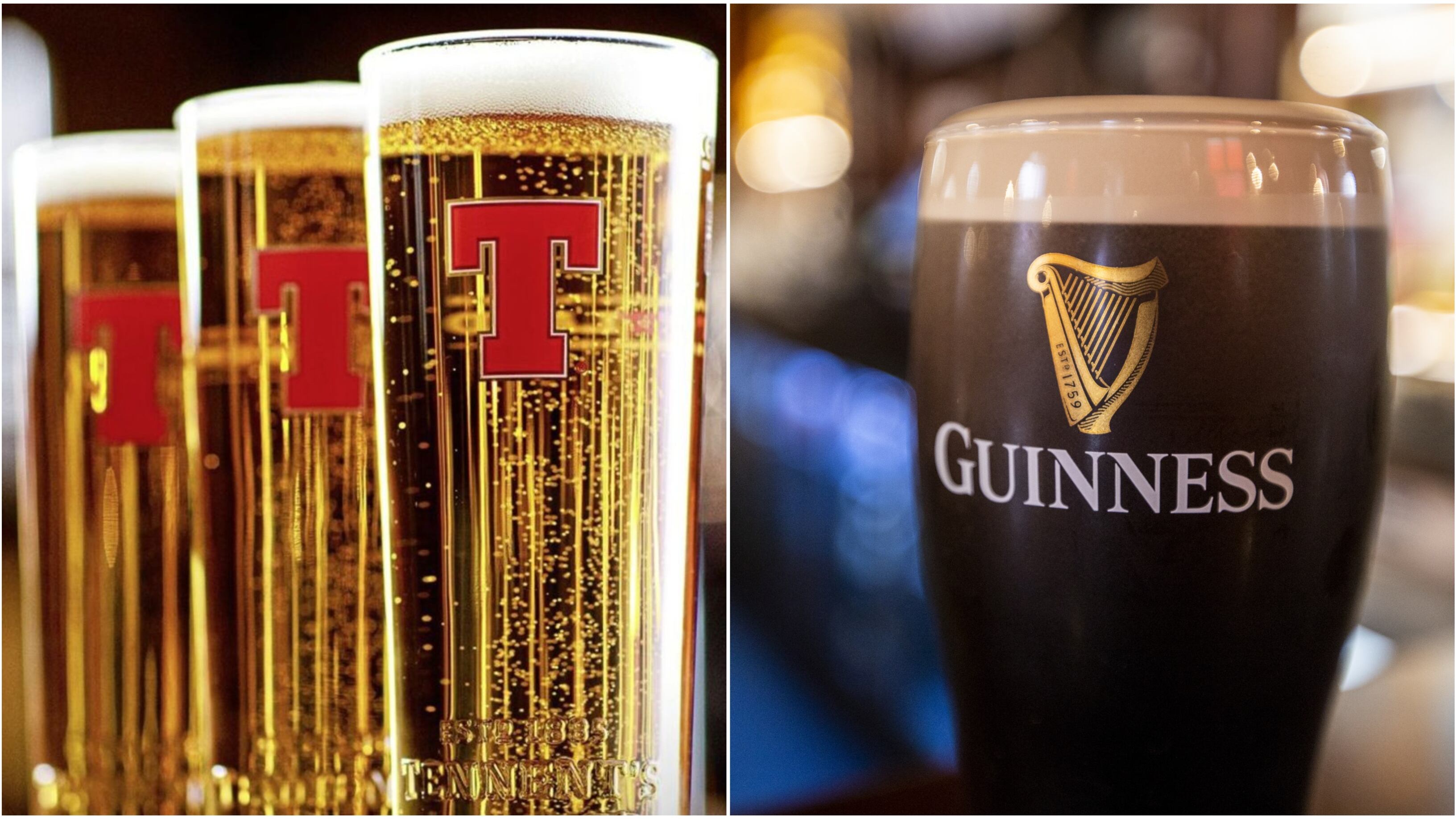 Split image showing pints of Tennent's on the left and a full pint of Guinness on the right.