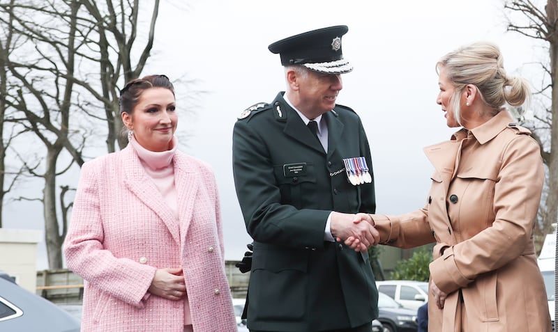 Chief Constable Jon Boutcher, First Minister Michelle O'Neill, Deputy First Minister Emma Little-Pengelly at the Police Service of Northern Ireland’s attestation ceremony for six newly qualified officers at Garnerville Police College  on Friday.
Sinn Féin attended a PSNI graduation ceremony for the first time.
Picture: COLM LENAGHAN