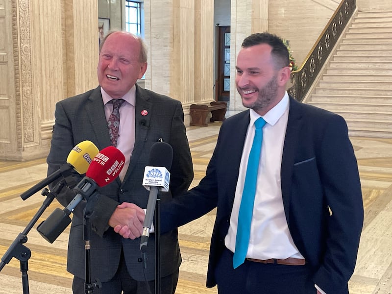 TUV leader and recently elected North Antrim MP Jim Allister, left, unveiling TUV councillor Timothy Gaston as his successor as North Antrim MLA