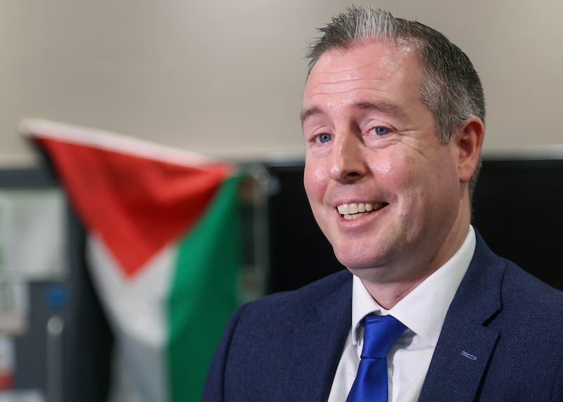 Education Minister Paul Givan during a visit to  Fóram na nÓg in West Belfast on Wednesday.
PICTURE COLM LENAGHAN