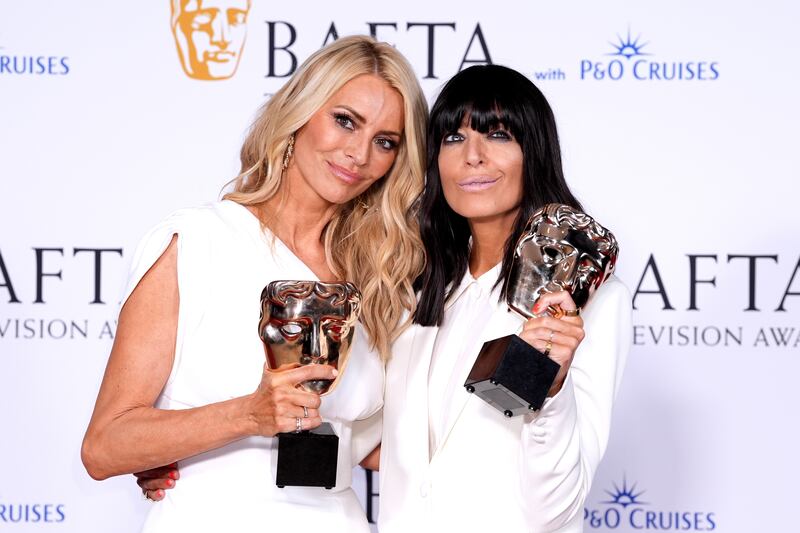 Tess Daly and Claudia Winkleman after winning the best entertainment award for Strictly Come Dancing