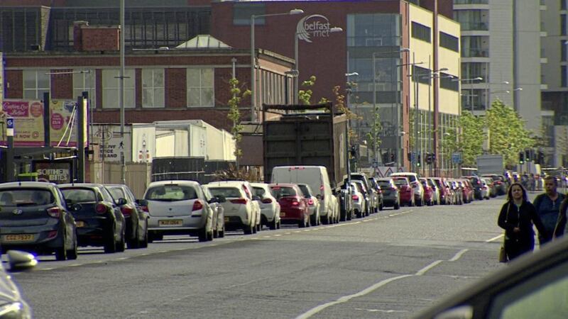 Traffic has been gridlocked during rush hour in the Titanic Quarter area of Belfast this week. Picture by BBC 
