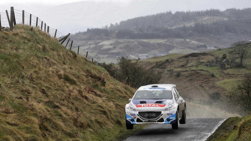 Craig Breen and Scott Martin's Peugeot 208 T16 in action during the Circuit of Ireland rally. 