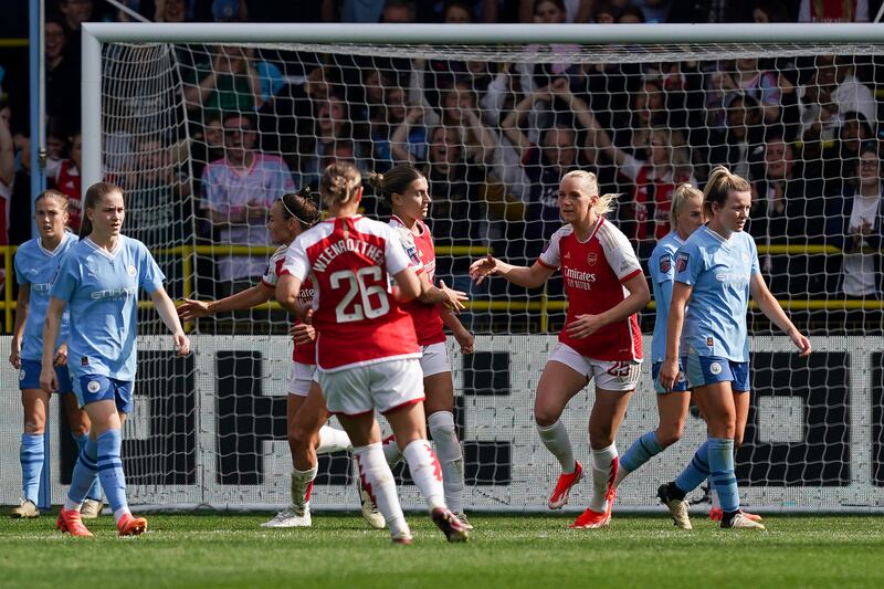 Stina Blackstenius scored a late brace in Manchester City’s dramatic home loss to Arsenal