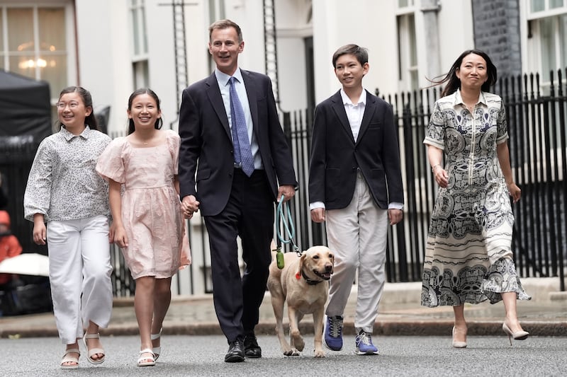 Outgoing Conservative chancellor of the exchequer Jeremy Hunt, with his wife Lucia and their children Jack, Anna and Eleanor, leaves 11 Downing Street