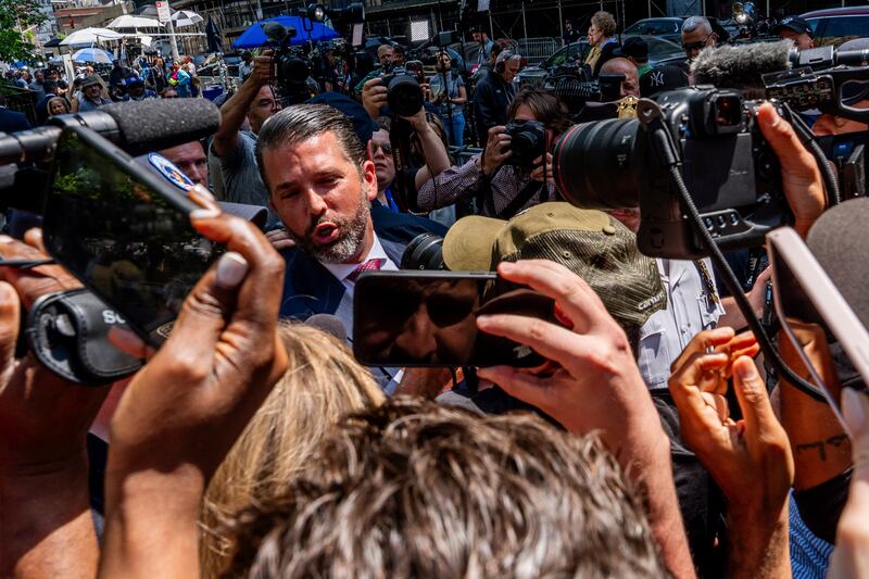 Donald Trump Jr speaks outside Manhattan Criminal Court in New York (Julia Nikhinson/AP)