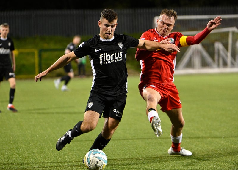 Cliftonville’s Rory Hale tussles with Coleraine’s Dylan Boyle during their win at Solitude