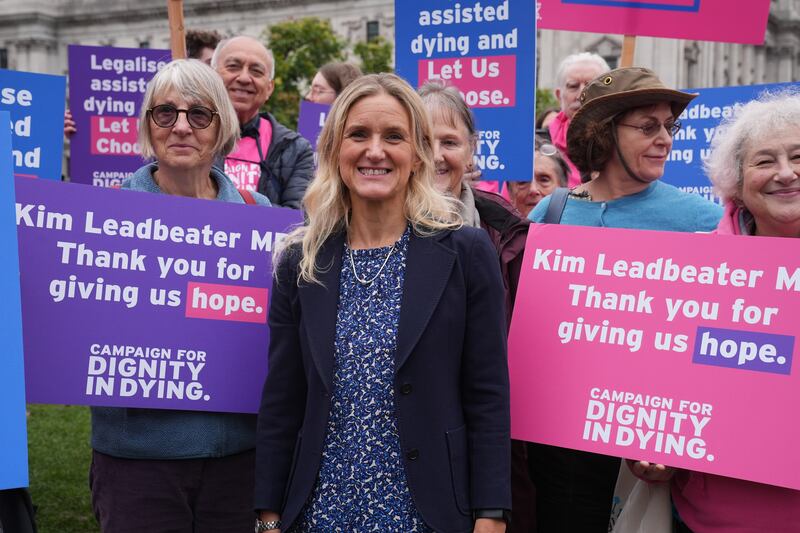 Labour MP Kim Leadbeater, pictured with Dignity in Dying campaigners, is bringing the Bill forward for Parliament to decide