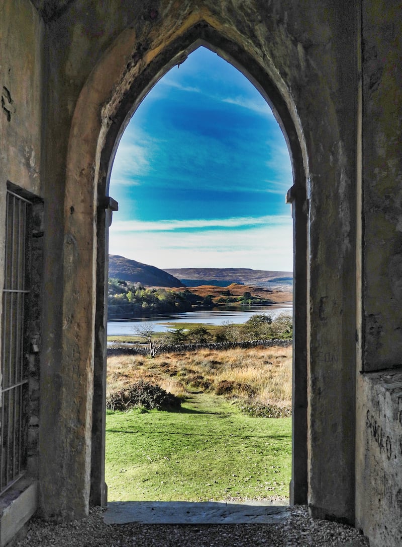 A view of Dunlewey Lough from the doorway of the old Church of Ireland, Dunlewey.