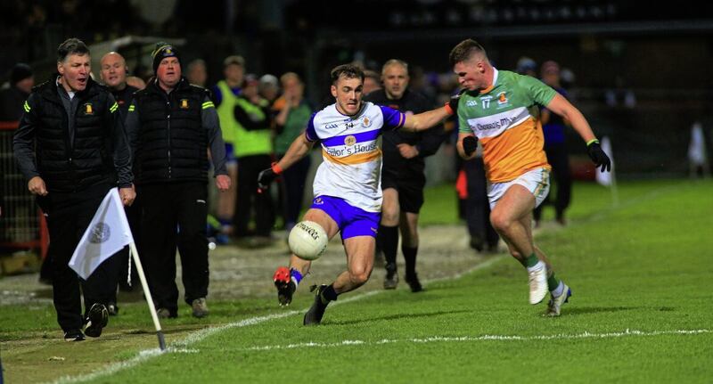 Errigal Ciaran&#39;s Darragh Canavan in action against Carrickmore&#39;s James Donaghy in this year&#39;s Tyrone SFC final at Healy Park. live streaming of club games via Tyrone GAA TV has proven to be very popular at home and abroad Picture: Seamus Loughran 