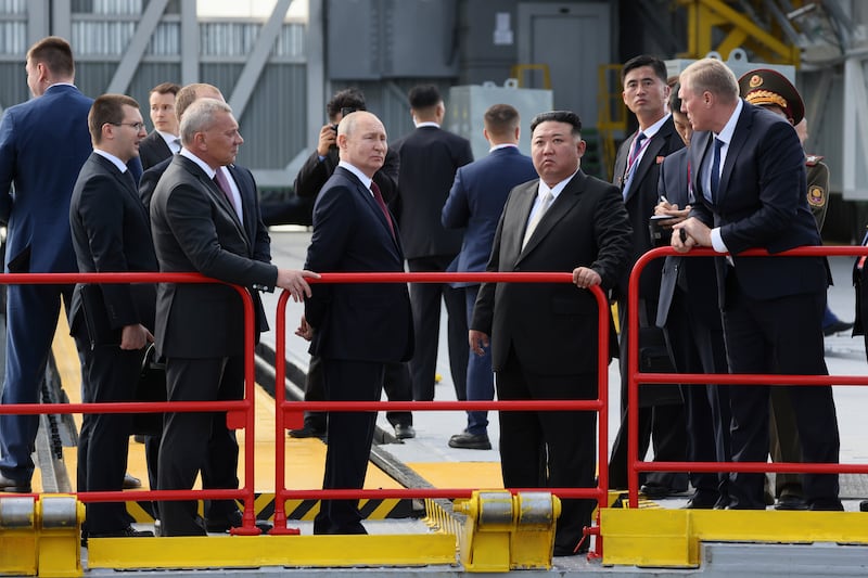 Russian President Vladimir Putin, centre left, and North Korea’s leader Kim Jong Un, center right, examine a launch pad during their meeting at the Vostochny cosmodrome outside the city of Tsiolkovsky last year (Mikhail Metzel, Sputnik, Kremlin Pool Photo via AP, File)