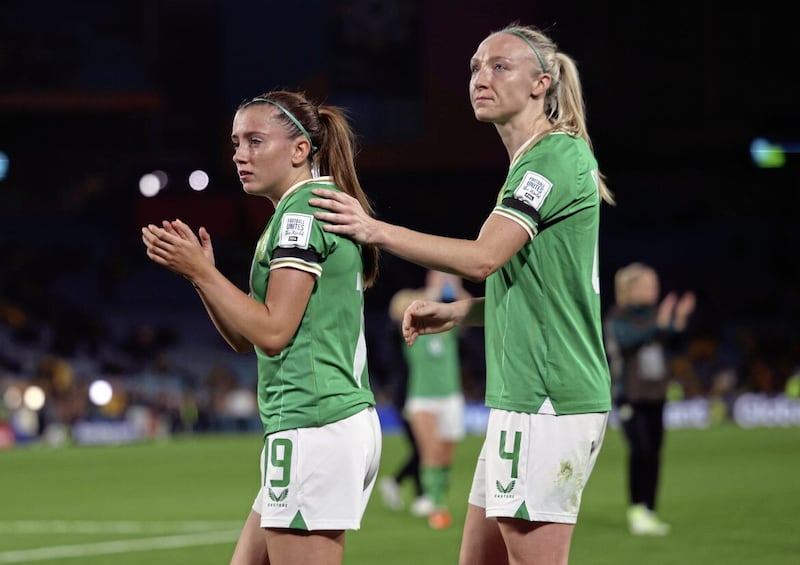 Republic of Ireland&#39;s Abbie Larkin (left) alongside Louise Quinn during the World Cup finals in Australia 