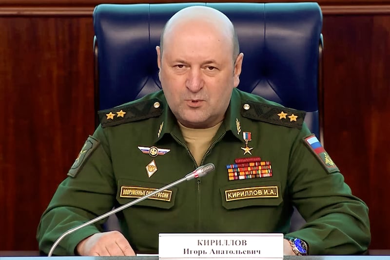 Lt Gen Igor Kirillov speaks during a briefing in Moscow (Russian Defence Ministry Press Service/AP)