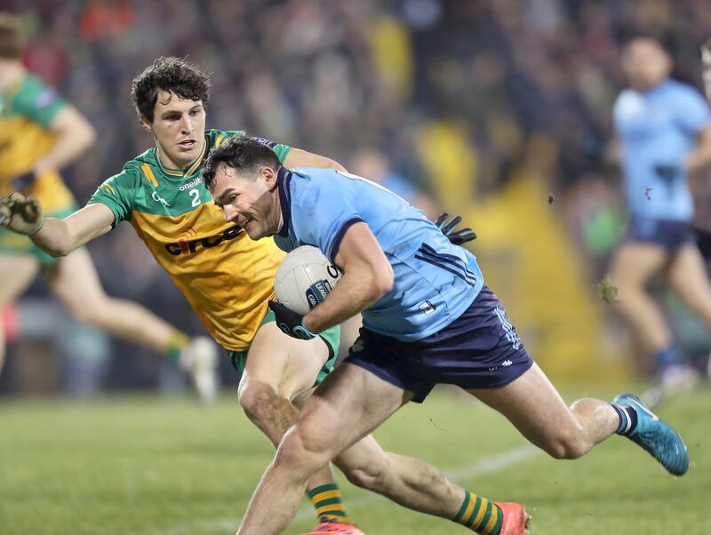 Donegal Finnbarr Roarty with Colm Basquel of Dublin during the NFL Div 1 round 2 match at Ballybofey on Saturday 1st February 2025. Picture Margaret McLaughlin