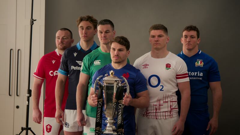 The captains of the six nations ahead of the tournament. Antoine Dupont with the trophy