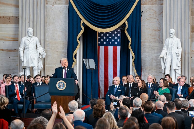 President Donald Trump speaks after taking the oath of office during the 60th Presidential Inauguration in the Rotunda of the US Capitol in Washington (Kenny Holston/The New York Times via AP, Pool)