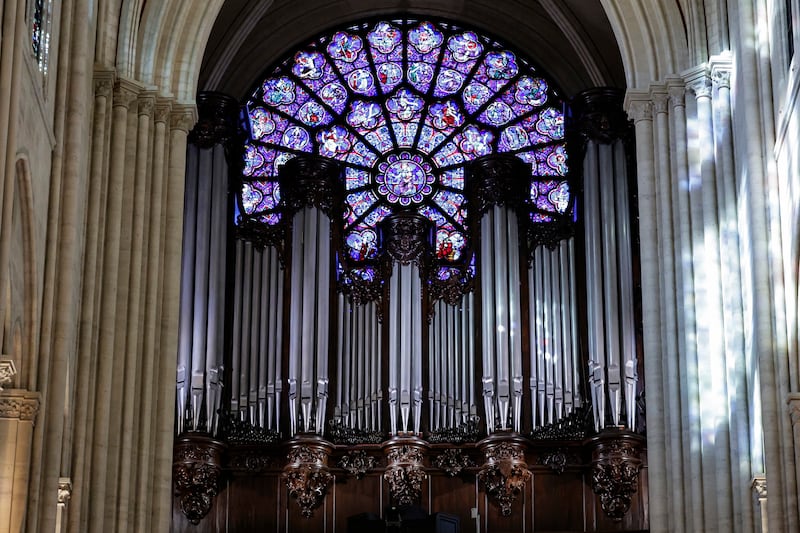 The western Rose window and the organ of Notre Dame (Stephane de Sakutin/Pool Photo via AP)