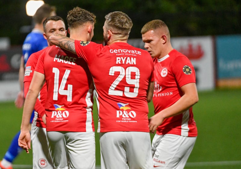 Benji Magee of Larne opens the scoring during this Evening’s game at Inver Park, Larne