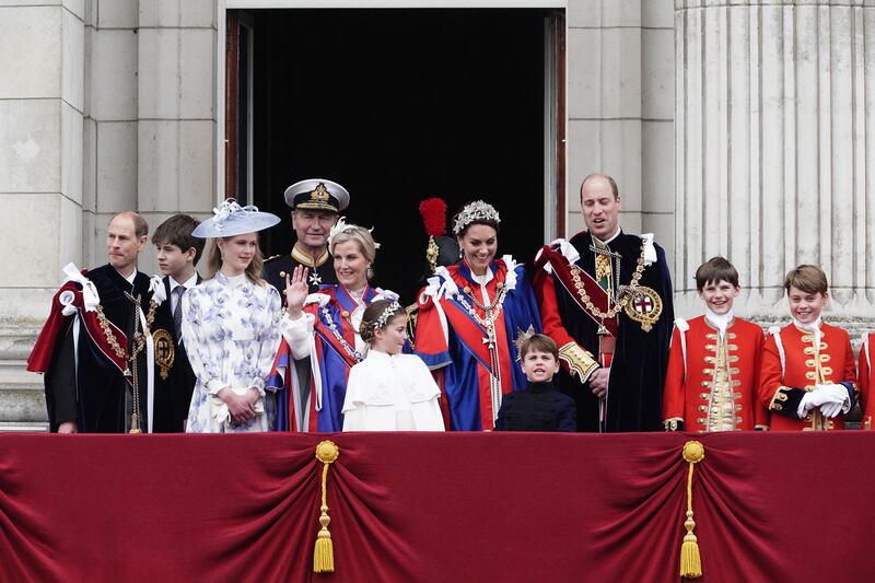 The Duke and Duchess of Edinburgh with other members of the royal family on the Buckingham Palace balcony on the King’s Coronation Day