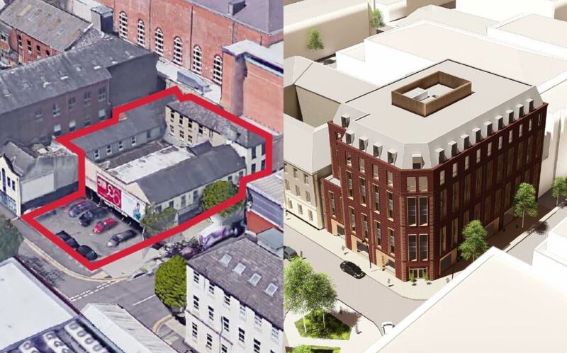 The current site subject to the Domus UK proposal (left) how the new office block would look (right).