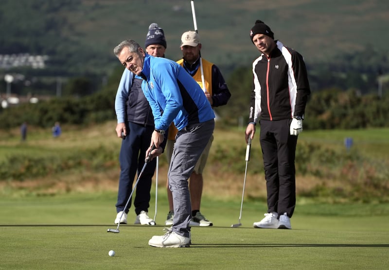 James Nesbitt in action at the Amgen Irish Open pro-am on Wednesday. PICTURE: BRIAN LAWLESS/PA