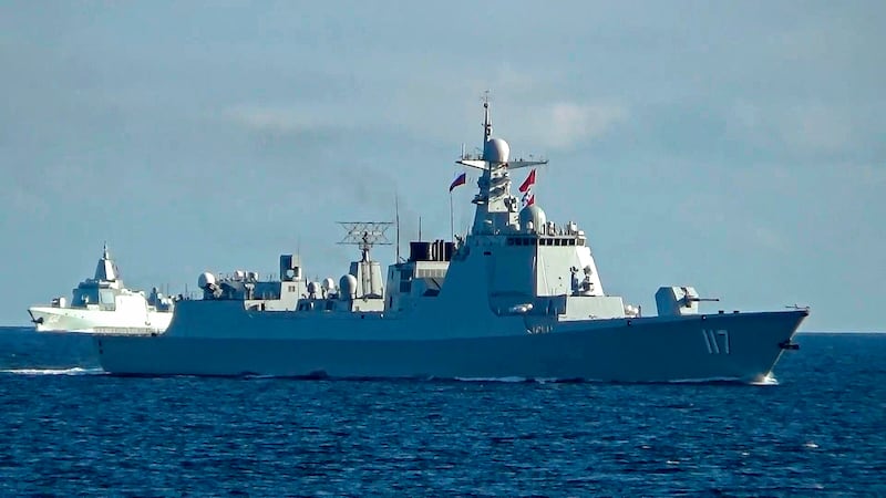 Russian and Chinese warships sail in the Peter the Great Gulf during exercises in Russia (Russian Defence Ministry Press Service via AP)