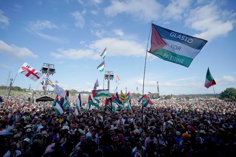 Music fans waved Palestinian flags at the Pyramid Stage