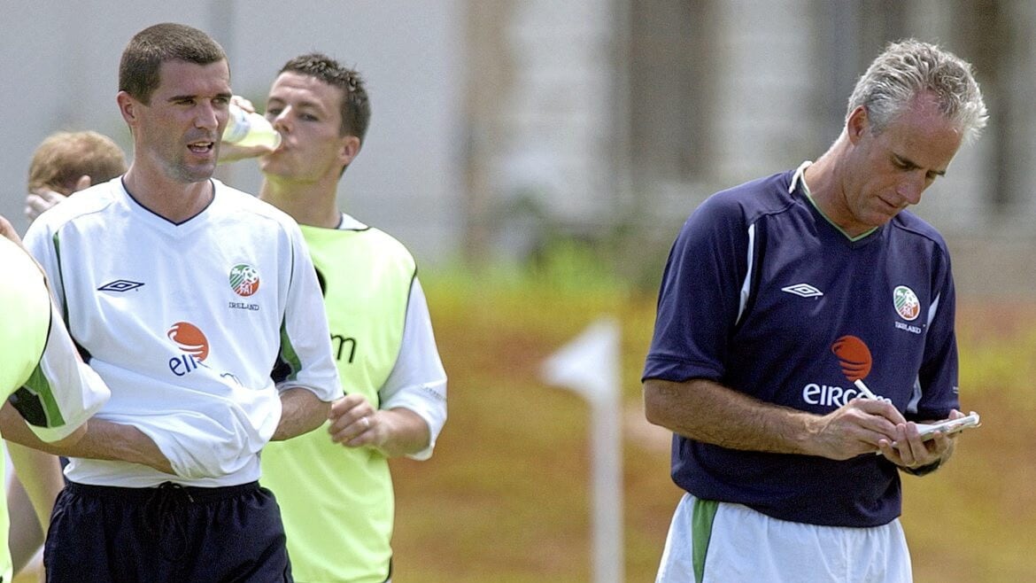 Mick McCarthy and Roy Keane during a World Cup training session in Saipan in May 2002. PA picture by Kirsty Wigglesworth 