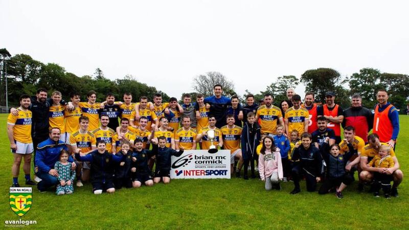 Kilcar celebrate winning Donegal Division One title in 2022. Barry O'Hagan is back row, third from right