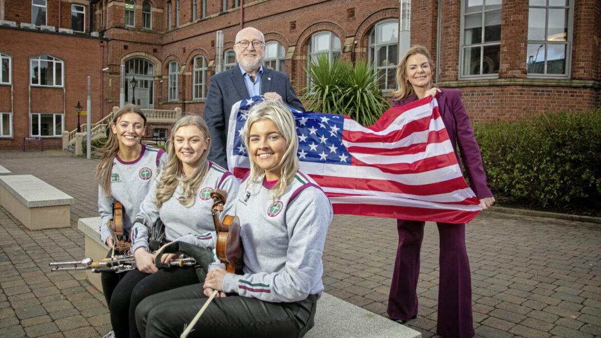 St Mary&rsquo;s University College students Molly Walls, Maeve O&rsquo;Donnell and Rosie McElroy pictured with Belfast Lord Mayor Christina Black and College Principal Professor Peter Finn. Picture by Gerd Curley 