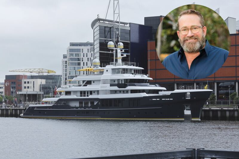 James Berwind (inset), has moored his $85m Scout superyacht in Belfast this week. Picture by Hugh Russell.