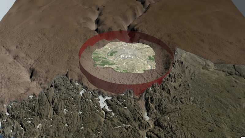 Artists impression of Hiawatha meteorite crater encircling Paris. Supplied by Cardiff University