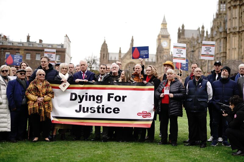 Campaigners protested on College Green in Westminster, London calling for action on compensation payments for victims of the infected blood scandal in February