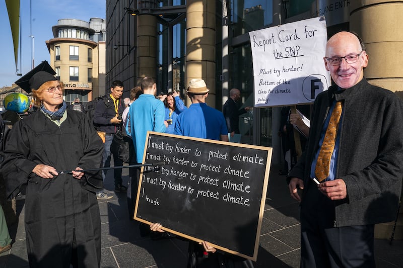 Climate protestors gathered outside the Edinburgh International Conference Centre as the SNP conference got underway.